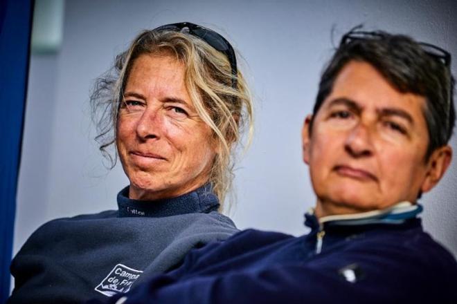 Friendly Class40 rivals: Miranda Merron (Campagne de France) and Catherine Pourre (Eärendil) during the RORC Transatlantic Race Skippers Brieifng in Marina Lanzarote © RORC / James Mitchell